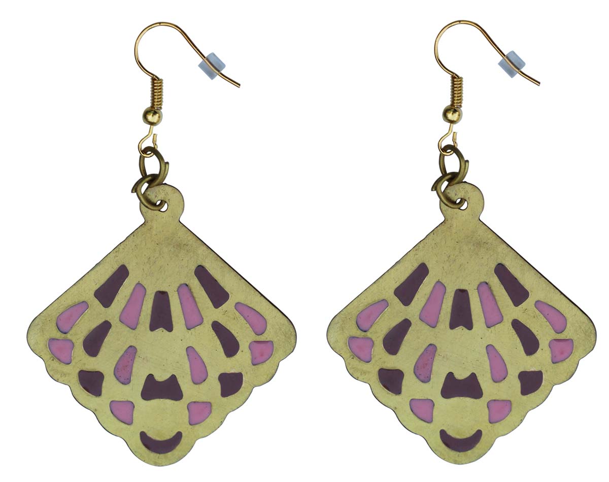 2.5” Rhombus Brass Hook Earrings in Golden Tone with Enameled Pattern - Drop Earrings / Accessories for Her - Buy in Bulk Wholesale